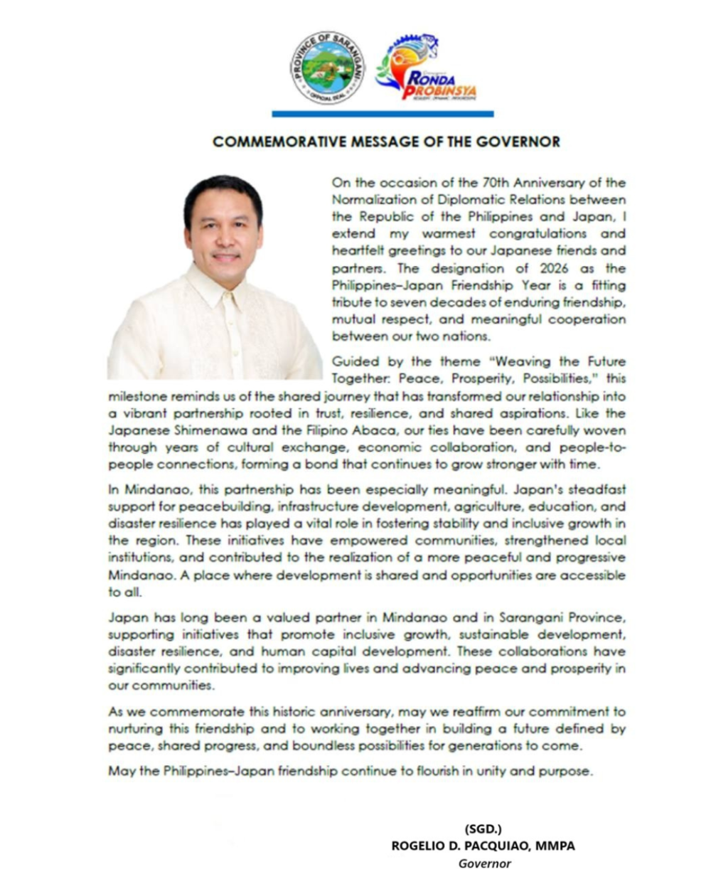 Sarangani Provincial Governor Hon. Rogelio “Ruel” D. Pacquiao 